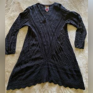 Johnny Was embroidered black tunic top blouse Sz M cupra rayon boho long sleeve